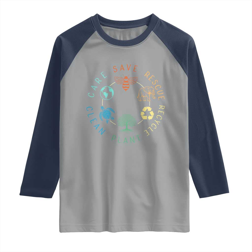 Earth Day Environment Raglan Shirt Save Bees Rescue Animals Recycle Plastic TS10 Sport Gray Navy Print Your Wear