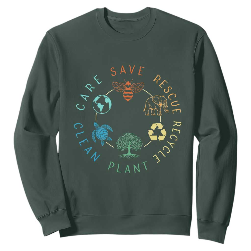 Earth Day Environment Sweatshirt Save Bees Rescue Animals Recycle Plastic TS10 Dark Forest Green Print Your Wear
