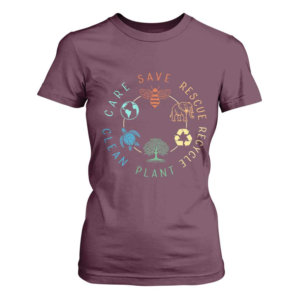 Earth Day Environment T Shirt For Women Save Bees Rescue Animals Recycle Plastic TS10 Maroon Print Your Wear