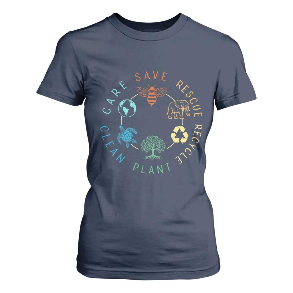 Earth Day Environment T Shirt For Women Save Bees Rescue Animals Recycle Plastic TS10 Navy Print Your Wear