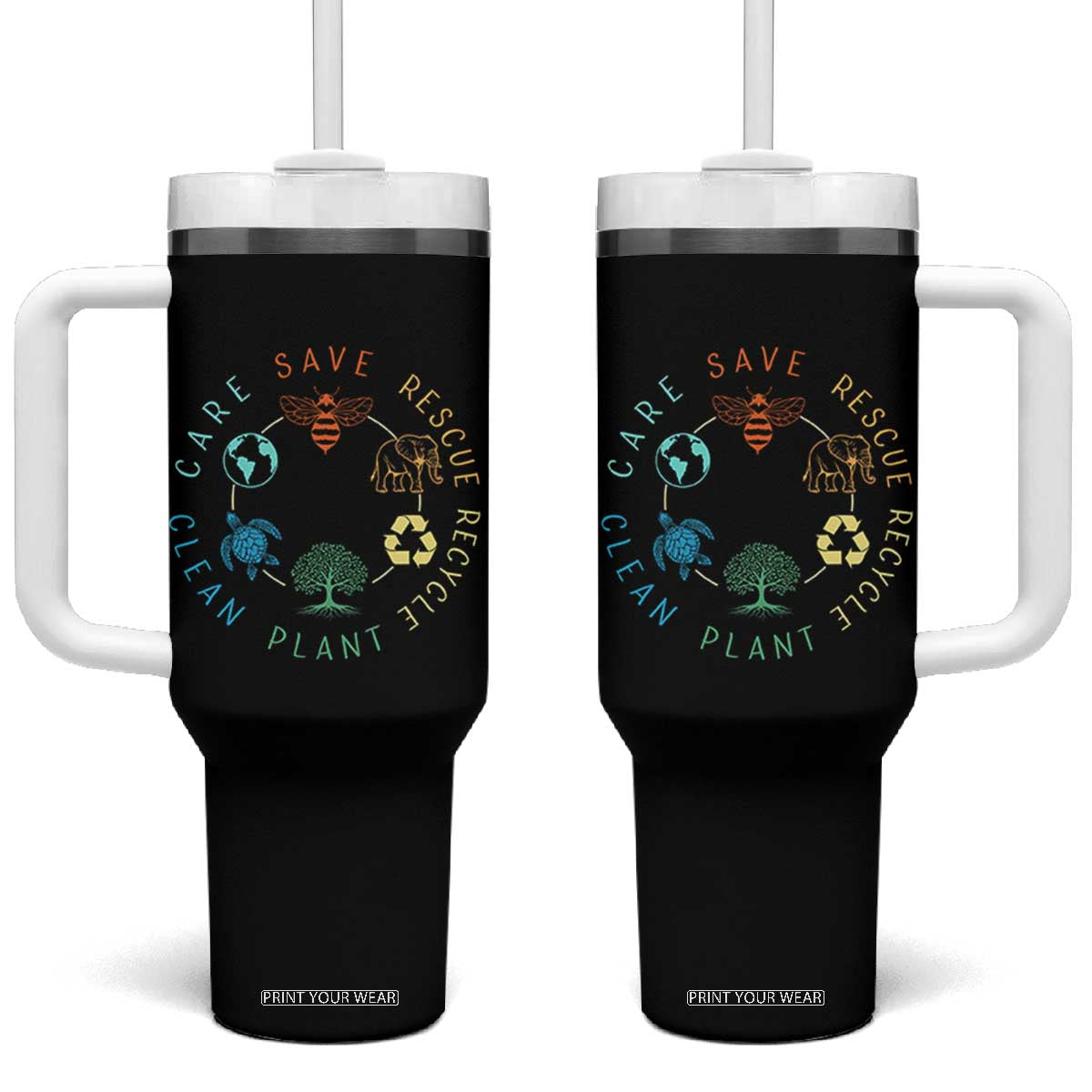 Earth Day Environment Tumbler With Handle Save Bees Rescue Animals Recycle Plastic TS10 One Size: 40 oz Black Print Your Wear