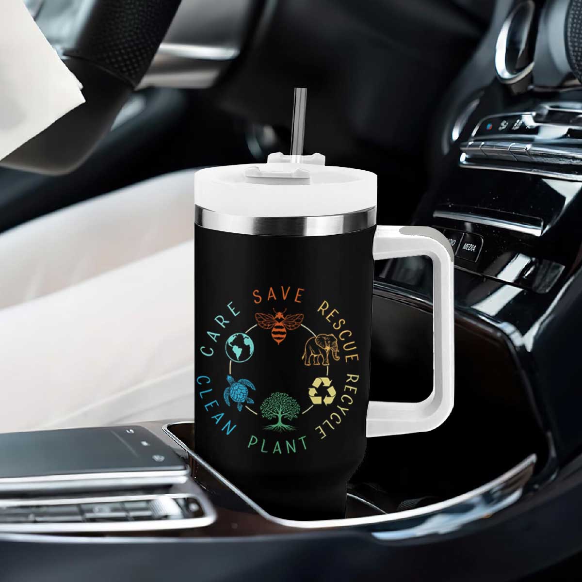 Earth Day Environment Tumbler With Handle Save Bees Rescue Animals Recycle Plastic TS10 Print Your Wear