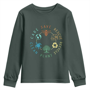 Earth Day Environment Youth Sweatshirt Save Bees Rescue Animals Recycle Plastic TS10 Dark Forest Green Print Your Wear