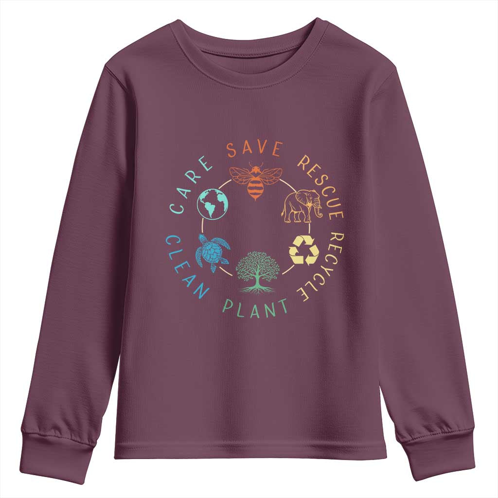 Earth Day Environment Youth Sweatshirt Save Bees Rescue Animals Recycle Plastic TS10 Maroon Print Your Wear