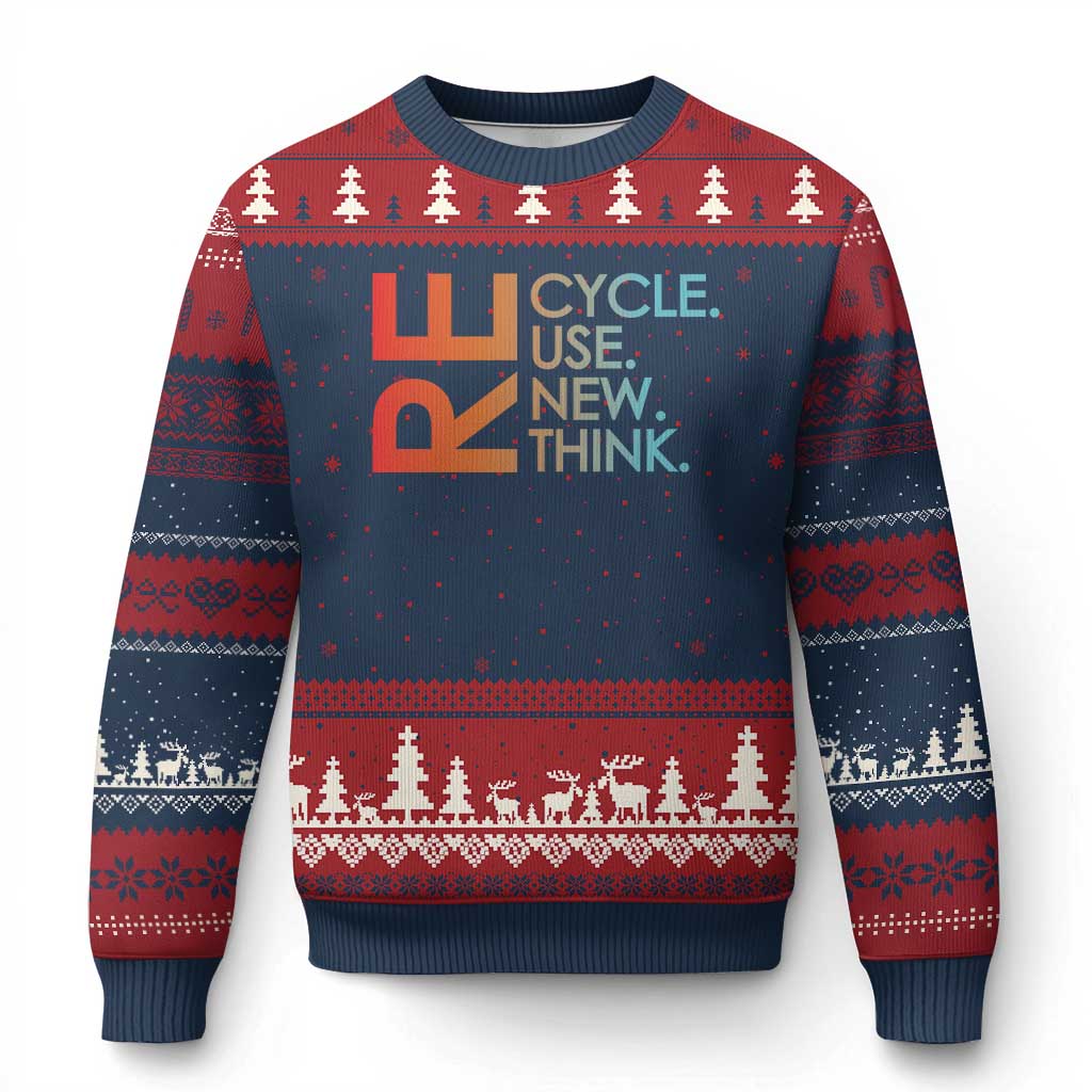 Environmental Activism Ugly Christmas Sweater Recycle Reuse Renew Rethink Earth Day TS10 Navy Red Print Your Wear