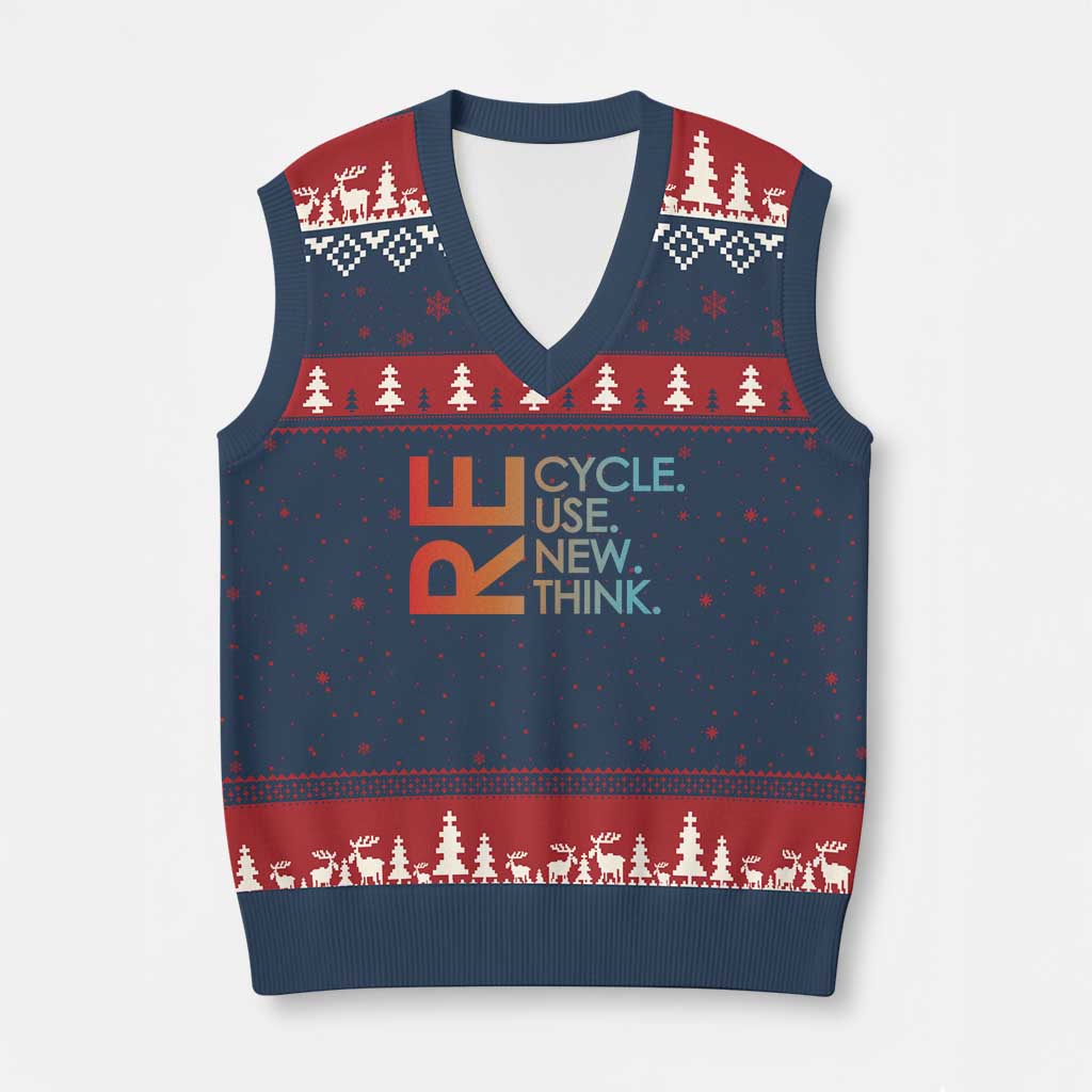 Environmental Activism V-Neck Knit Sweater Vest Recycle Reuse Renew Rethink Earth Day TS10 Navy Red Print Your Wear