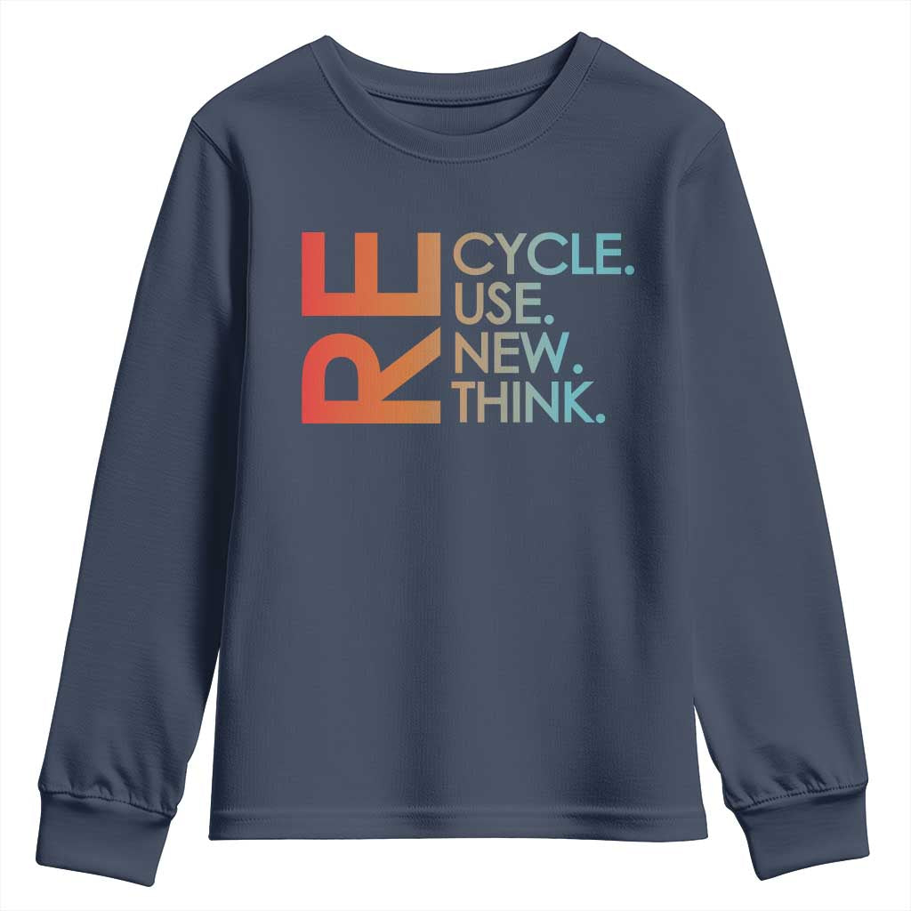 Environmental Activism Youth Sweatshirt Recycle Reuse Renew Rethink Earth Day TS10 Navy Print Your Wear