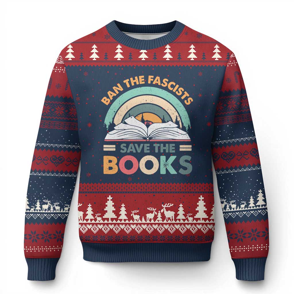 Ban The Fascists Save The Books Ugly Christmas Sweater Funny Book Lovers Librarian Book Nerd TS10 Navy Red Print Your Wear