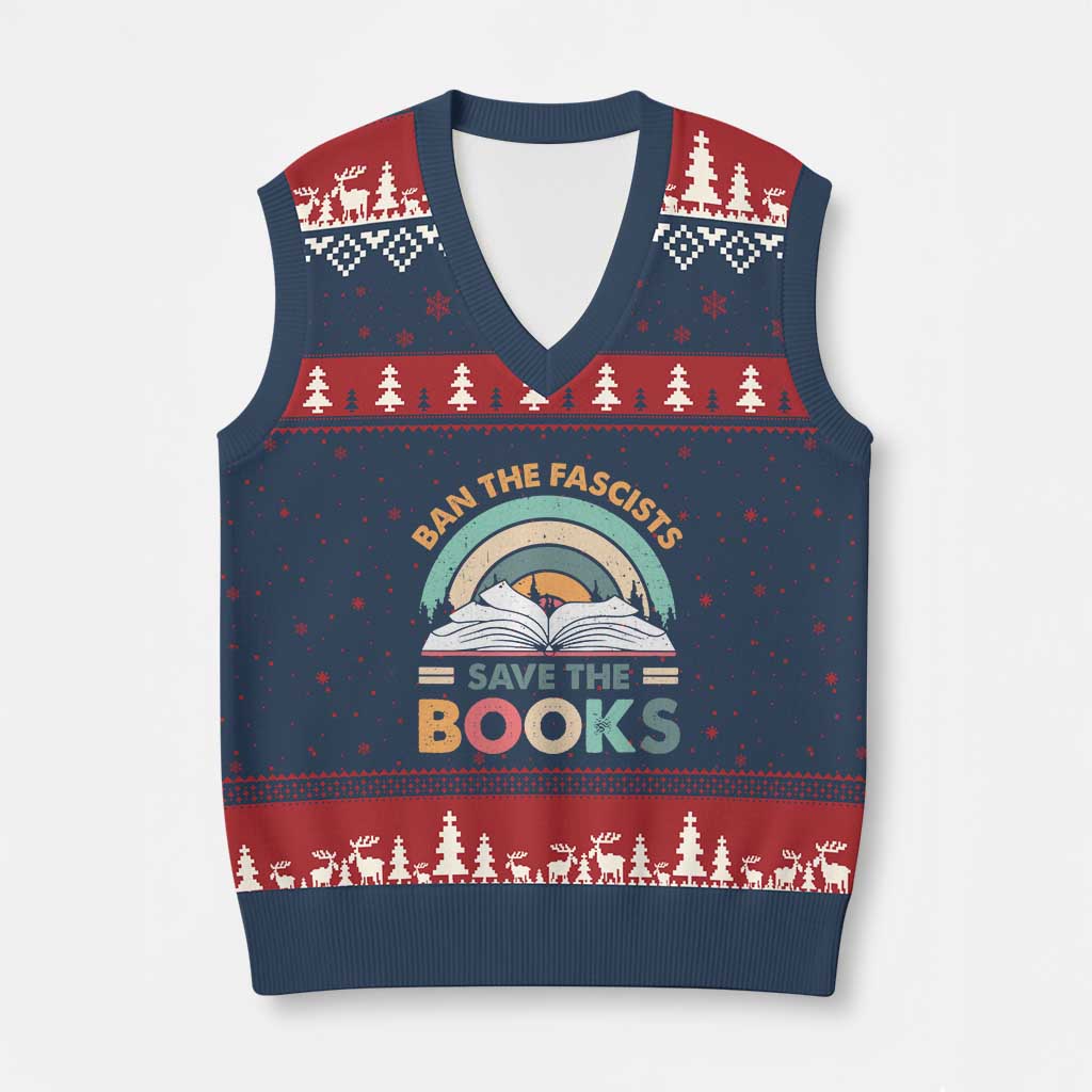 Ban The Fascists Save The Books V-Neck Knit Sweater Vest Funny Book Lovers Librarian Book Nerd TS10 Navy Red Print Your Wear