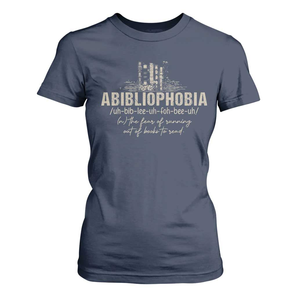 Abibliophobia T Shirt For Women Funny Reading Bookworm Book Lover Reader Gift TS10 Navy Print Your Wear