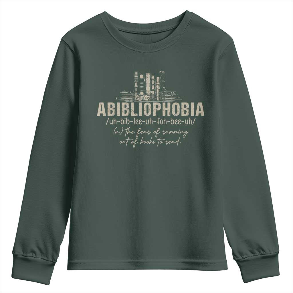 Abibliophobia Youth Sweatshirt Funny Reading Bookworm Book Lover Reader Gift TS10 Dark Forest Green Print Your Wear