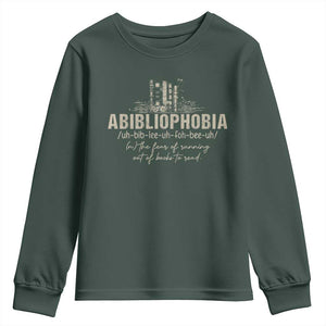 Abibliophobia Youth Sweatshirt Funny Reading Bookworm Book Lover Reader Gift TS10 Dark Forest Green Print Your Wear