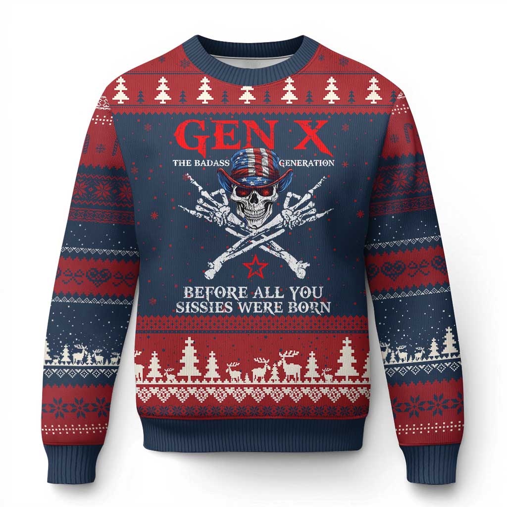 Gen X The Badasss Generation Ugly Christmas Sweater Before All You Sissie were Born Skull Rock Hand TS10 Navy Red Print Your Wear