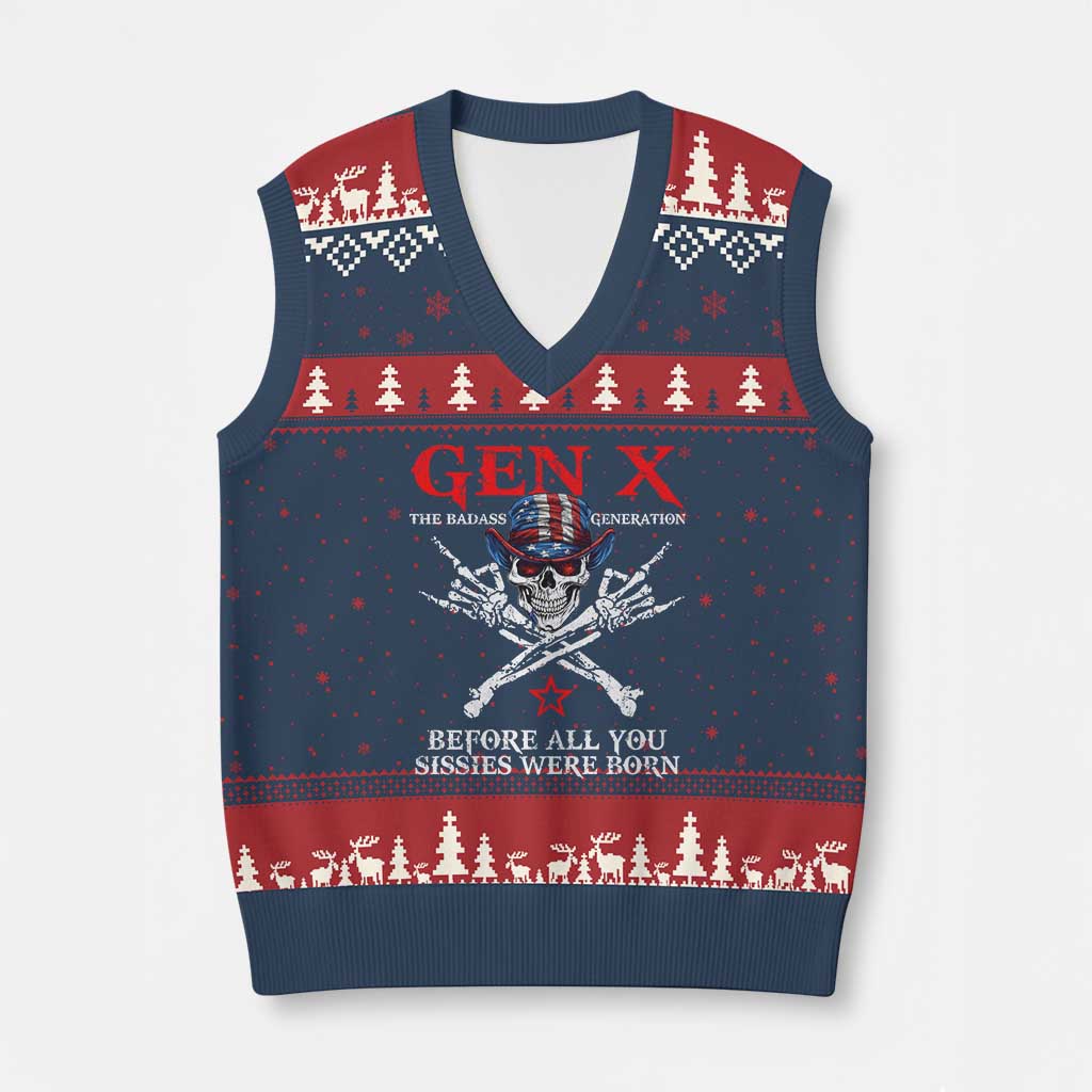 Gen X The Badasss Generation V-Neck Knit Sweater Vest Before All You Sissie were Born Skull Rock Hand TS10 Navy Red Print Your Wear