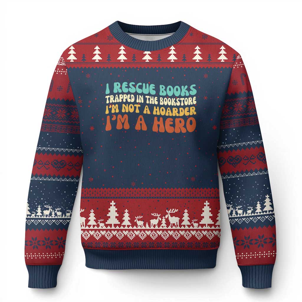 I Rescue Books Ugly Christmas Sweater Funny Booksellers Bookworm Book Lover Reader Gift TS10 Navy Red Print Your Wear