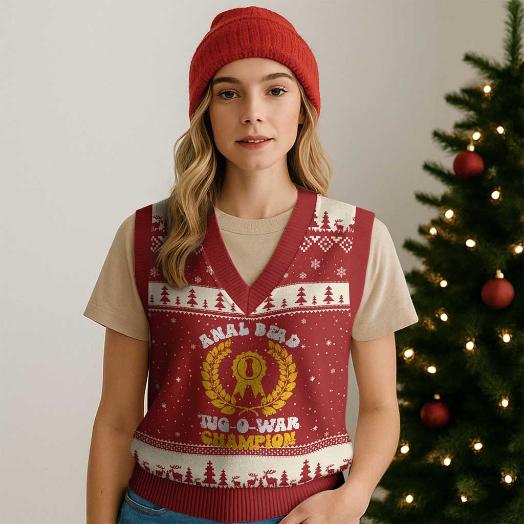 Bead Tug O War Champion V-Neck Knit Sweater Vest Funny Sarcastic Saying Weird Gag Gift TS10 Red Beige Print Your Wear