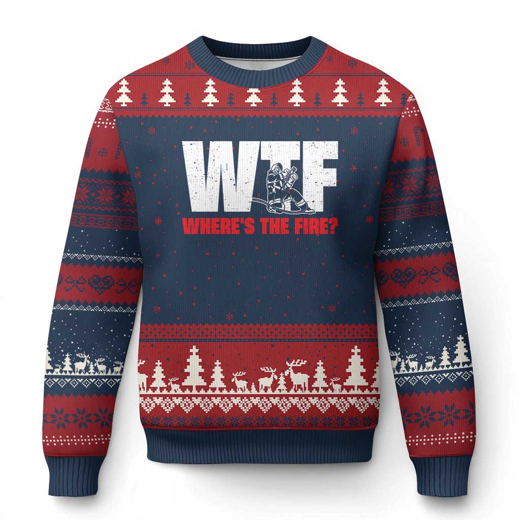 WTF Wheres The Fire Ugly Christmas Sweater Funny Fireman Firefighter TS10 Navy Red Print Your Wear