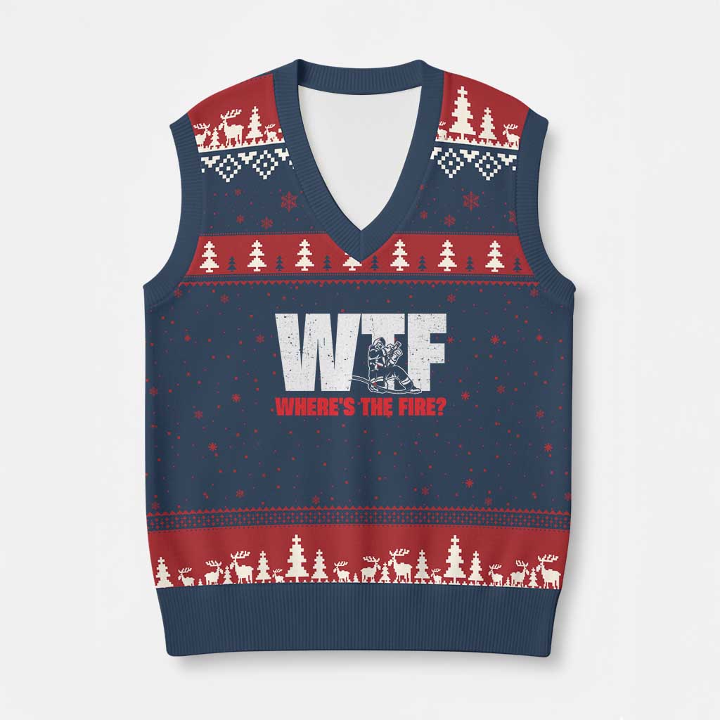 WTF Wheres The Fire V-Neck Knit Sweater Vest Funny Fireman Firefighter TS10 Navy Red Print Your Wear