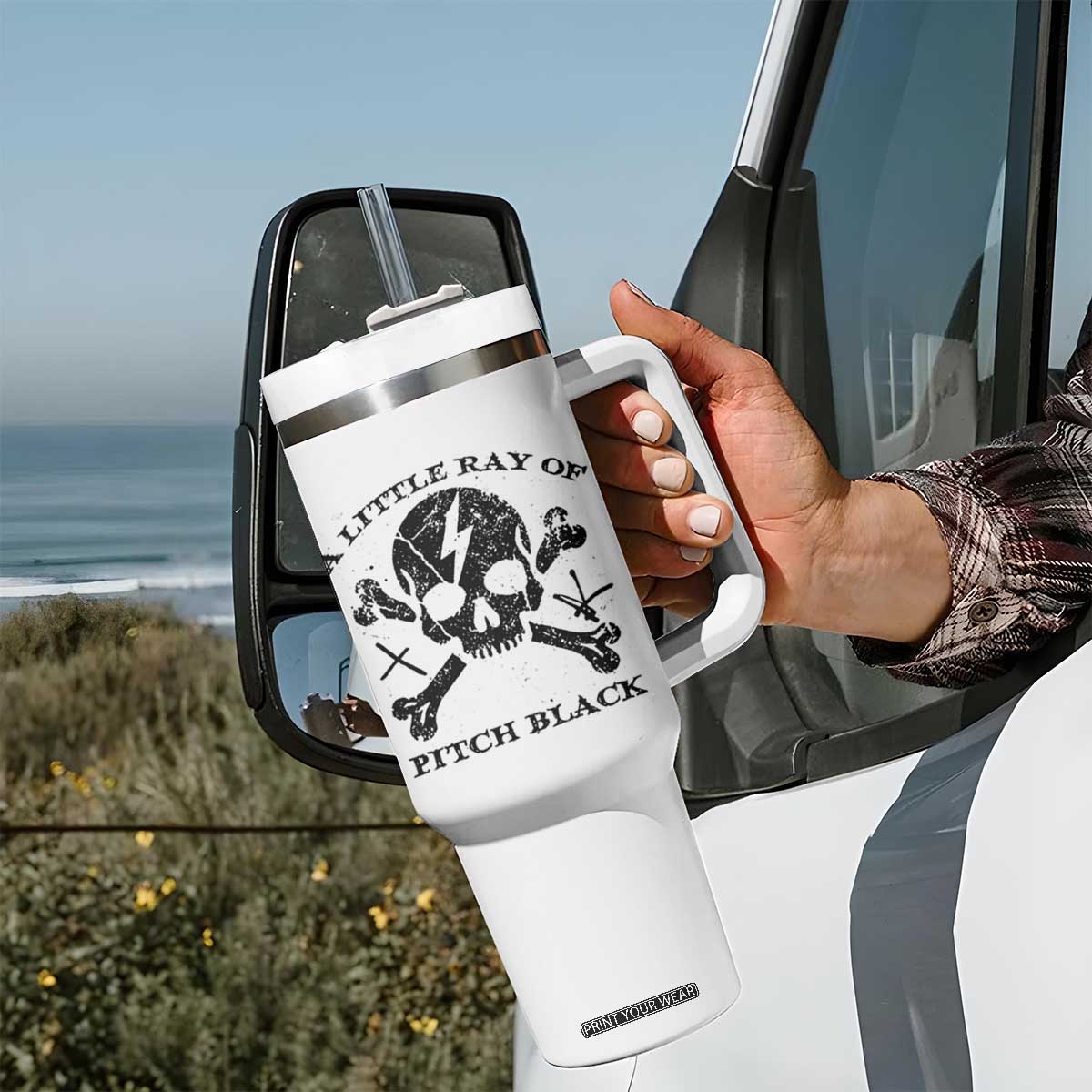 A Little Ray of Pitch Black Tumbler With Handle Dark Humor Sarcastic Halloween Spooky Skull TS10 Print Your Wear