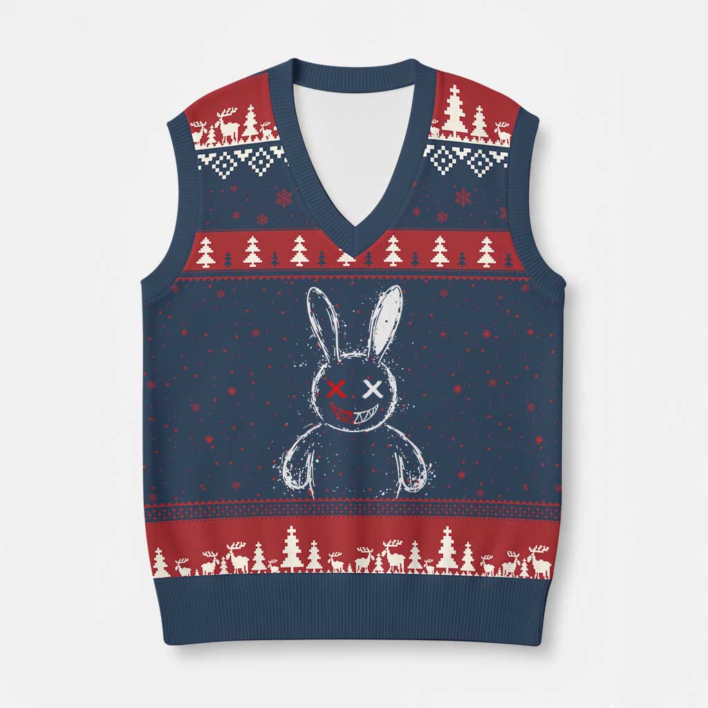 Creepy Cute Bunny V-Neck Knit Sweater Vest Rabbit Alt Goth Grunge Horror Aesthetic TS10 Navy Red Print Your Wear