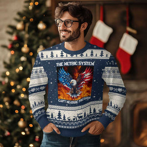 Funny Bald Eagle 4th of July Ugly Christmas Sweater The Metric System Cant Measure Freedom American Flag TS10 Navy Beige Print Your Wear