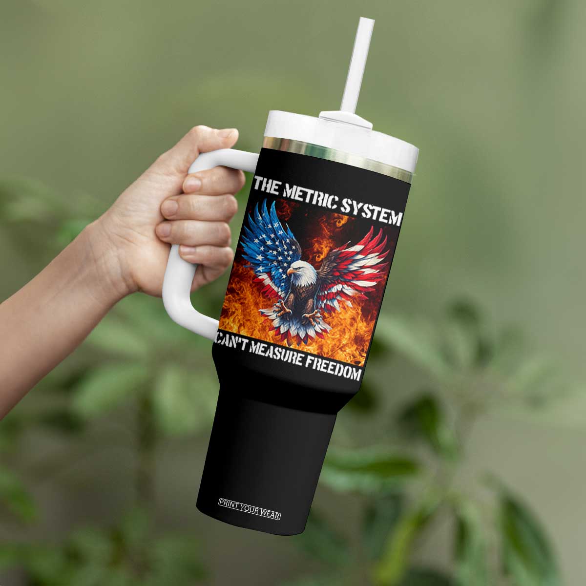 Funny Bald Eagle 4th of July Tumbler With Handle The Metric System Cant Measure Freedom American Flag TS10 Print Your Wear