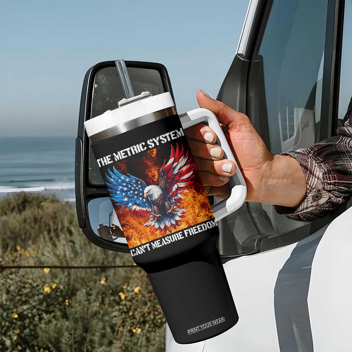 Funny Bald Eagle 4th of July Tumbler With Handle The Metric System Cant Measure Freedom American Flag TS10 Print Your Wear