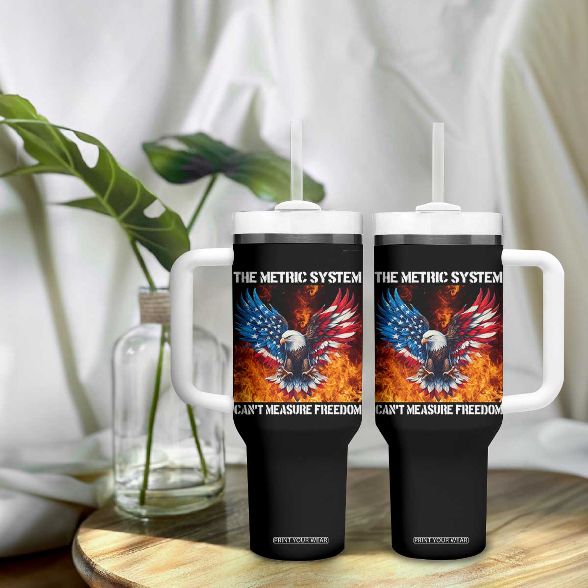 Funny Bald Eagle 4th of July Tumbler With Handle The Metric System Cant Measure Freedom American Flag TS10 Print Your Wear