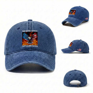 Funny Bald Eagle 4th of July Washed Cotton Baseball Cap The Metric System Cant Measure Freedom American Flag TS10 Washed Cap Universal Fit Royal Blue Print Your Wear