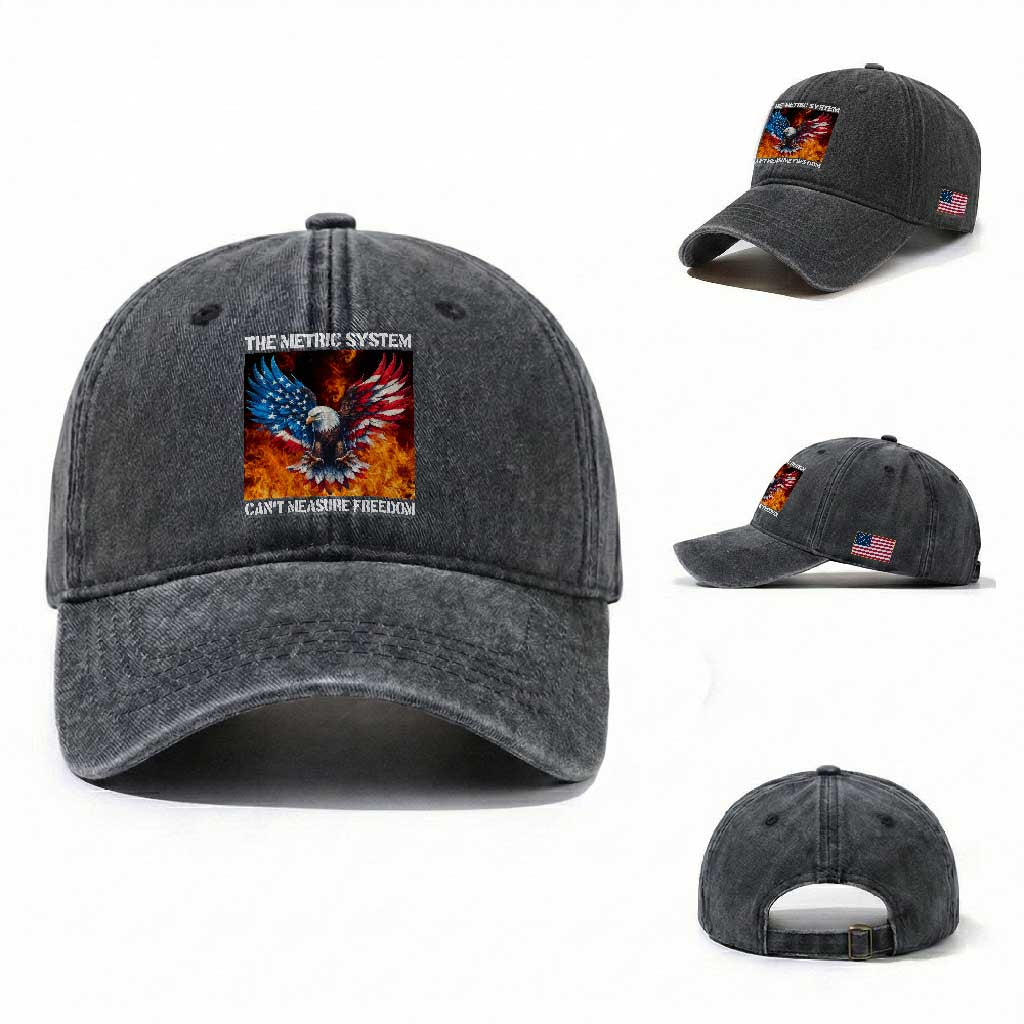 Funny Bald Eagle 4th of July Washed Cotton Baseball Cap The Metric System Cant Measure Freedom American Flag TS10 Washed Cap Universal Fit Dark Gray Print Your Wear