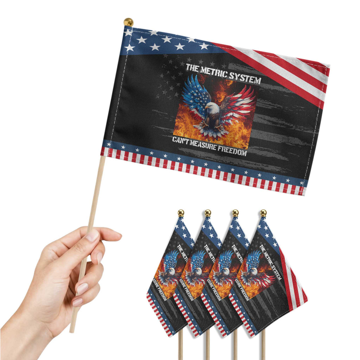 Funny Bald Eagle 4th of July Patriotic Handheld Flag The Metric System Cant Measure Freedom American Flag TS10 Print Your Wear