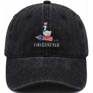 Funny July 4th Goose Washed Cotton Baseball Cap Patriotic Goose Firework Firequacker Independence Day TS10 Washed Cap Universal Fit Black Print Your Wear