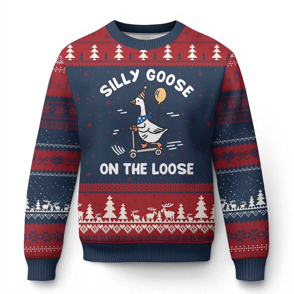 Funny Silly Goose Ugly Christmas Sweater Goose On The Loose Animal Humor TS10 Navy Red Print Your Wear