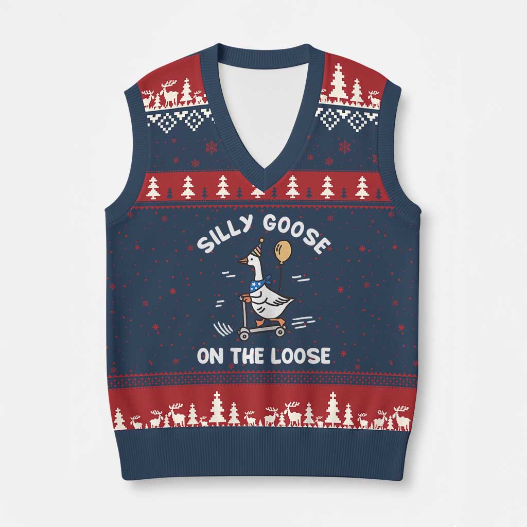 Funny Silly Goose V-Neck Knit Sweater Vest Goose On The Loose Animal Humor TS10 Navy Red Print Your Wear