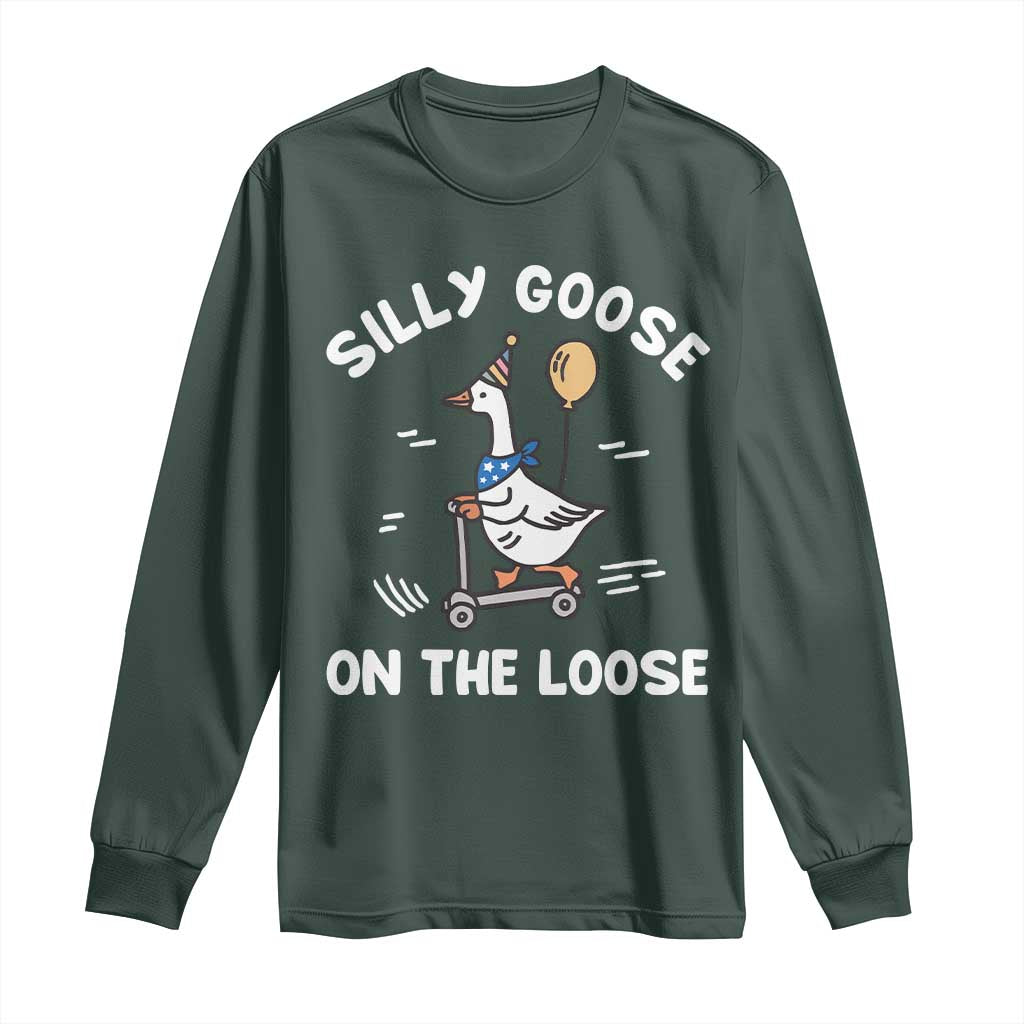 Funny Silly Goose Long Sleeve Shirt Goose On The Loose Animal Humor TS10 Dark Forest Green Print Your Wear