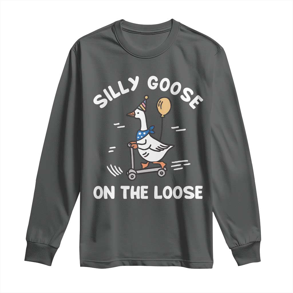 Funny Silly Goose Long Sleeve Shirt Goose On The Loose Animal Humor TS10 Dark Heather Print Your Wear