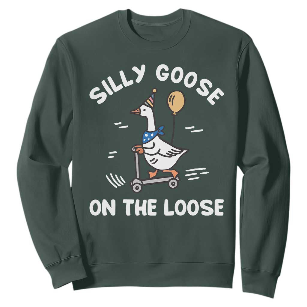 Funny Silly Goose Sweatshirt Goose On The Loose Animal Humor TS10 Dark Forest Green Print Your Wear