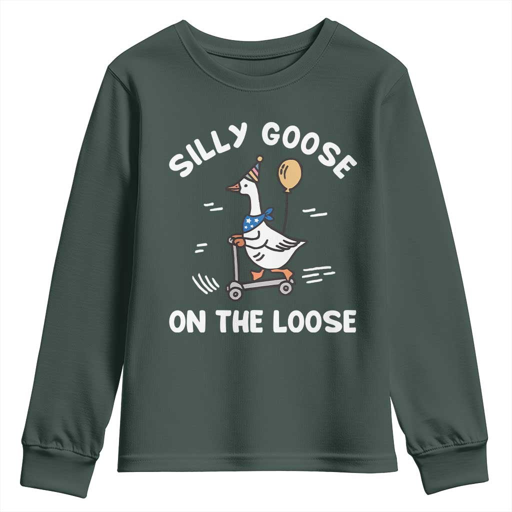 Funny Silly Goose Youth Sweatshirt Goose On The Loose Animal Humor TS10 Dark Forest Green Print Your Wear