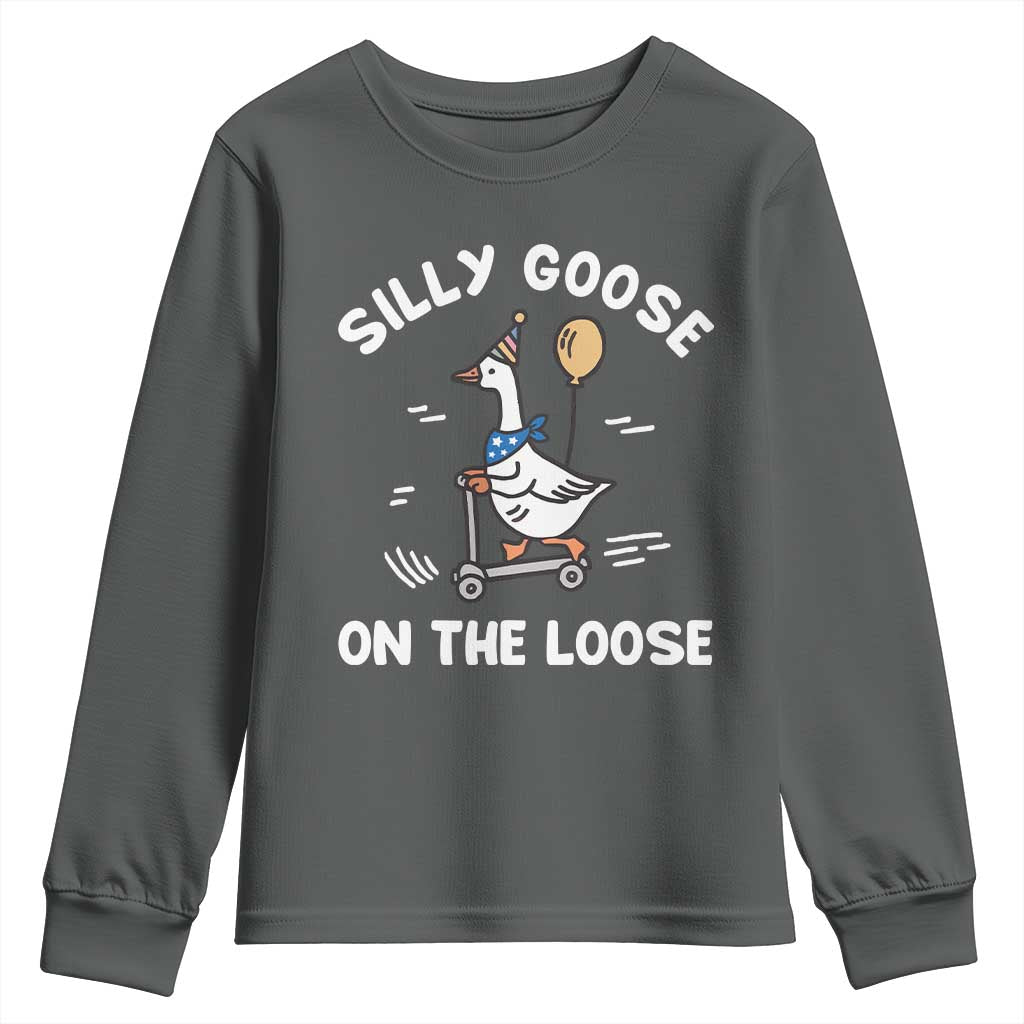 Funny Silly Goose Youth Sweatshirt Goose On The Loose Animal Humor TS10 Dark Heather Print Your Wear