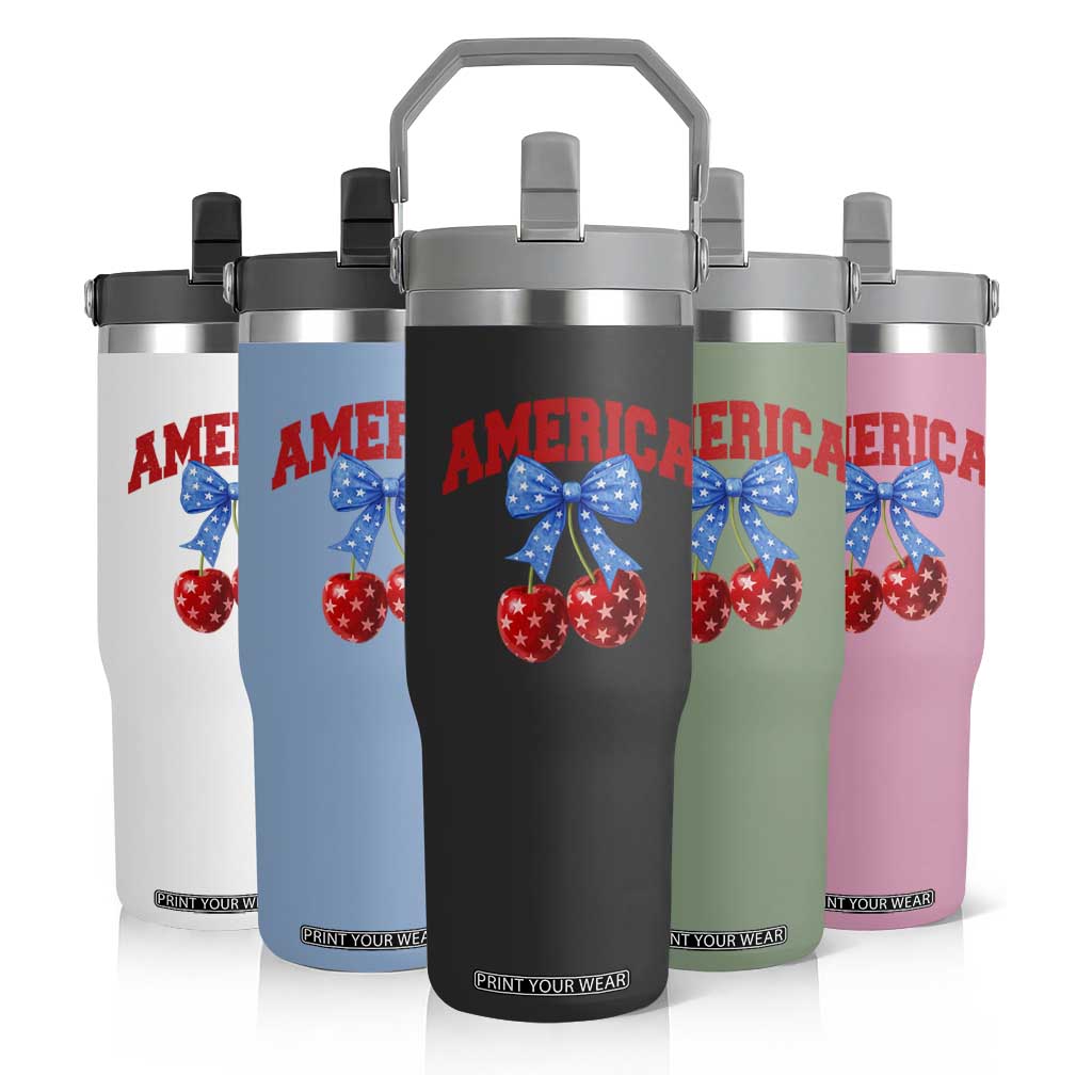 America Cherry Coquette Bow Flip Straw Tumbler 4th of July Patriotic TS10 Print Your Wear