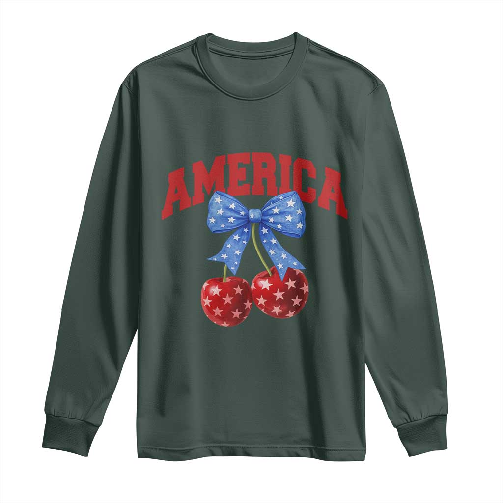 America Cherry Coquette Bow Long Sleeve Shirt 4th of July Patriotic TS10 Dark Forest Green Print Your Wear