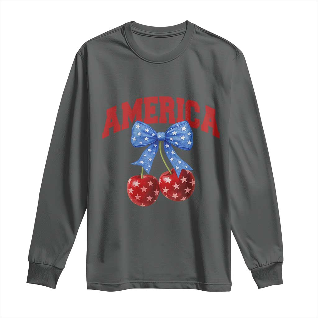America Cherry Coquette Bow Long Sleeve Shirt 4th of July Patriotic TS10 Dark Heather Print Your Wear