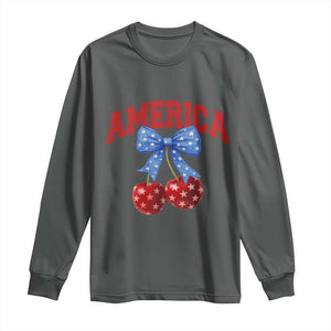 America Cherry Coquette Bow Long Sleeve Shirt 4th of July Patriotic TS10 Dark Heather Print Your Wear