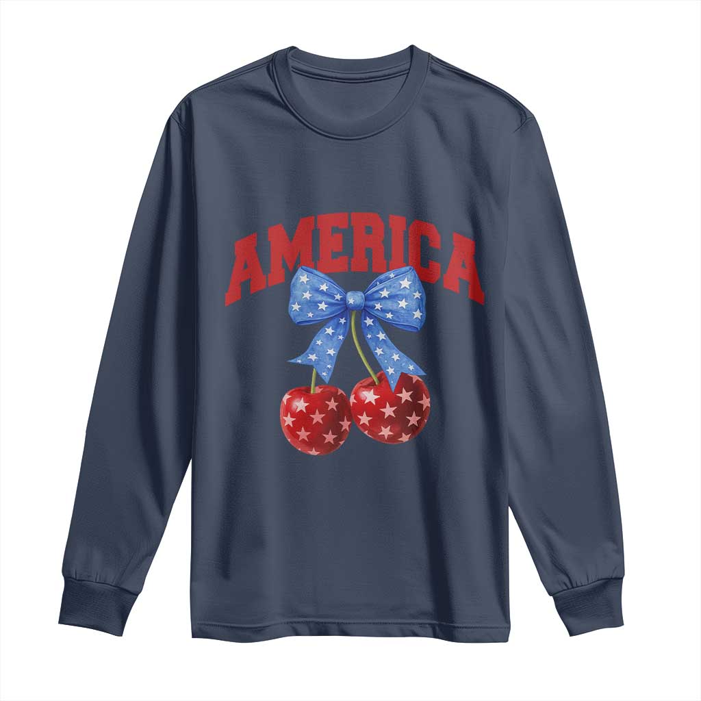 America Cherry Coquette Bow Long Sleeve Shirt 4th of July Patriotic TS10 Navy Print Your Wear