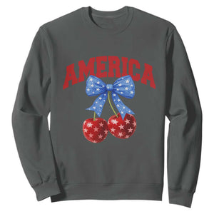 America Cherry Coquette Bow Sweatshirt 4th of July Patriotic TS10 Dark Heather Print Your Wear