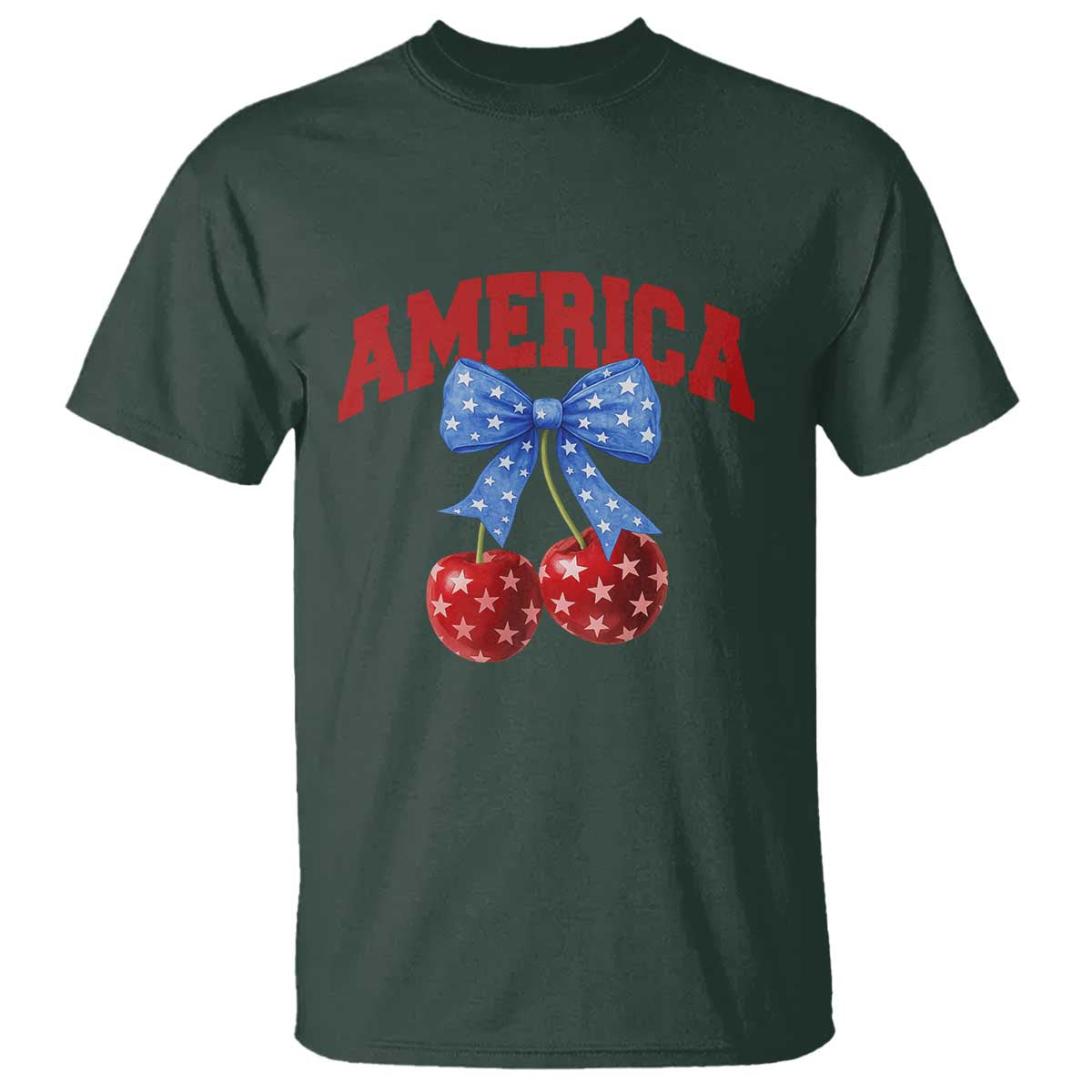 America Cherry Coquette Bow T Shirt 4th of July Patriotic TS10 Dark Forest Green Print Your Wear