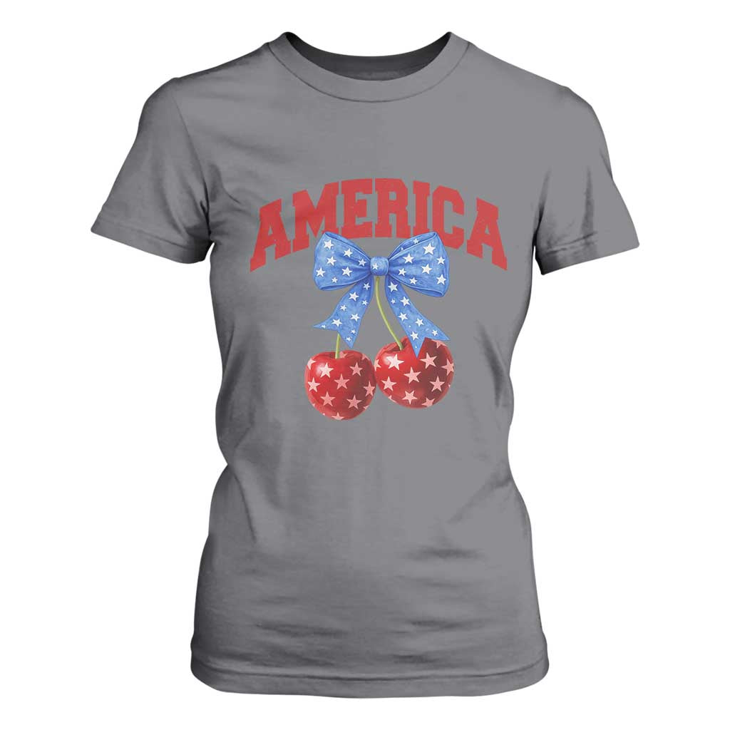 America Cherry Coquette Bow T Shirt For Women 4th of July Patriotic TS10 Charcoal Print Your Wear