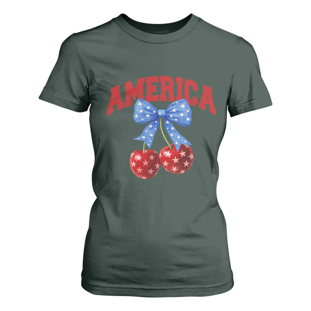 America Cherry Coquette Bow T Shirt For Women 4th of July Patriotic TS10 Dark Forest Green Print Your Wear