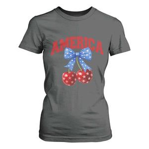 America Cherry Coquette Bow T Shirt For Women 4th of July Patriotic TS10 Dark Heather Print Your Wear
