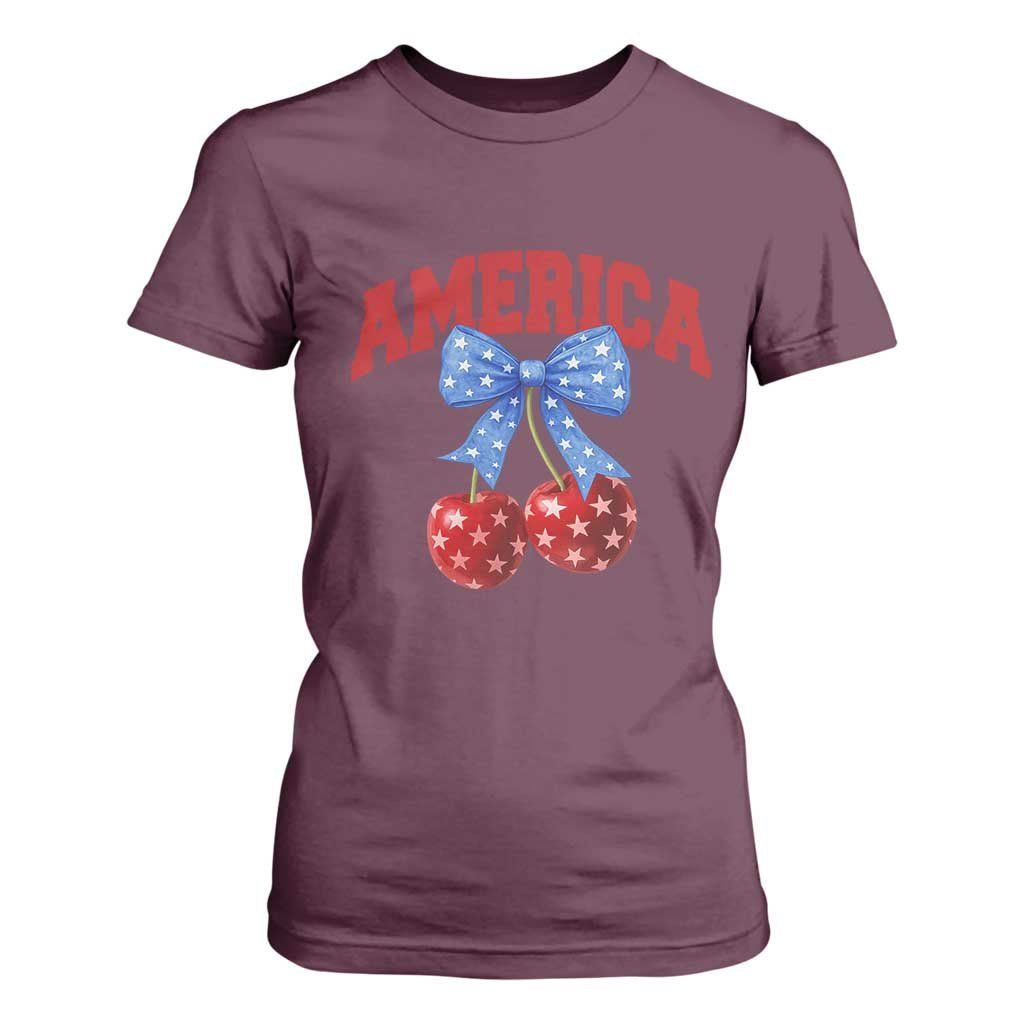 America Cherry Coquette Bow T Shirt For Women 4th of July Patriotic TS10 Maroon Print Your Wear